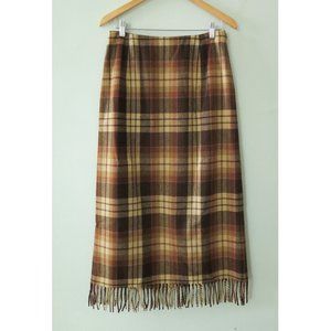Pendleton Plaid Maxi Tan Plaid Long Pleated Vintage Wool Skirt with Fringe